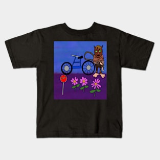 cat loves bike and flowers Kids T-Shirt